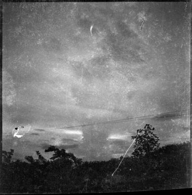 Pillar of smoke with power lines and vegetation in the foreground, Rabaul, New Guinea, 1937 / Sarah Chinnery