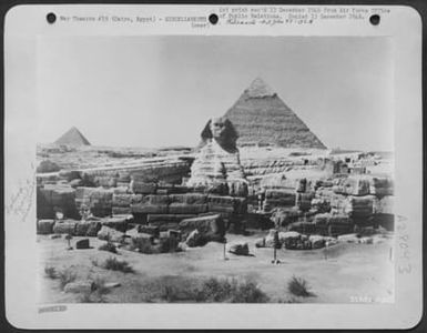 The Sphinx, just outside of Cairo, Egypt. This photograph was taken by member of the crew of Boeing B-29 Superfortress "Pacusan Dreamboat," during flight form Hawaii to Cairo, October 1946. (U.S. Air Force Number 51681AC)