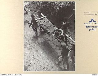 BOUGAINVILLE. 1945-05-21. NATIVES CARRYING A BATTLE CASUALTY WHO WAS WOUNDED BY JAPANESE ARTILLERY DURING THE BATTALION'S ADVANCE ALONG WILLIS TRACK IN AN OUTFLANKING MOVEMENT ON THE BUIN ROAD ..