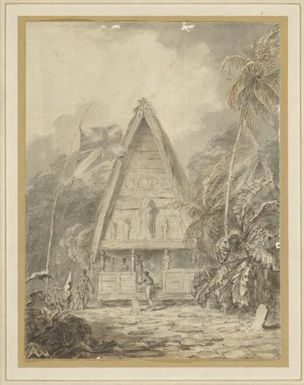 [Pacific island scene showing ornamented shelter] / [Arthur William Devis]