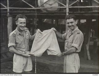 PORT MORESBY, PAPUA. C. 1943-07. FLIGHT LIEUTENANT MIKE BURROWS, WILLIAMSTOWN, VIC AND FLYING OFFICER ALEX BURGOYNE, LEEDERVILLE, WA, NO. 30 BEAUFIGHTER SQUADRON RAAF, WHO CHASED A SINGLET CLAD ..