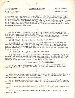 Anthropolgy 124 Comparative religion. Final examination