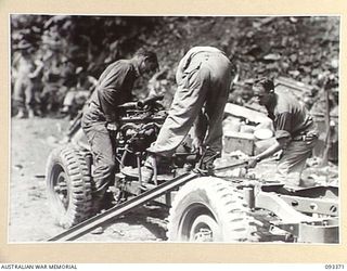 BARGES HILL, CENTRAL BOUGAINVILLE, 1945-06-26. A FUNICULAR RAILWAY IS BEING CONSTRUCTED BY 23 FIELD COMPANY ROYAL AUSTRALIAN ENGINEERS, TO CARRY EQUIPMENT UP OVER THE HILL. HERE, THEY ARE LIFTING ..