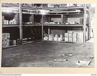 TOROKINA, BOUGAINVILLE, 1945-06-21. THE INTERIOR OF DETAIL NEW GUINEA SUB DEPOT, LHQ DENTAL STORES, HQ 4 BASE SUB AREA. PHOTOGRAPH TAKEN AT REQUEST OF DR. WORNER, VISITING AUSTRALIAN SCIENTIST