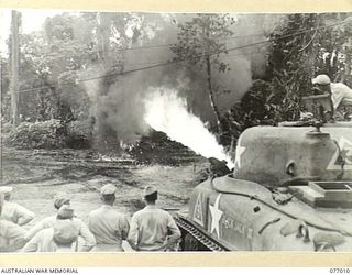 BOUGAINVILLE ISLAND, 1944-11-13. A NEW TYPE OF FLAME THROWER FITTED TO A GENERAL SHERMAN M4A3 MEDIUM TANK BEING DEMONSTRATED TO AUSTRALIAN AND ALLIED OFFICERS AT HEADQUARTERS, 3RD AUSTRALIAN ..