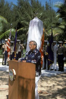 The Honorable Ricardo J. Bordallo, Governor of Guam, speaks at the Congressional Medal of Honor Monument dedication ceremony. The monument was erected to honor four Marines for their heroism during World War II. They are Captain Louis Wilson Jr., Private First Class (PFC) Leonard Mason, PFC Luther Skaggs and PFC Frank Witek