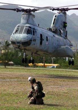 Corporal (CPL) Douglas Aleman, Gulf Company, 2nd Battalion, 11th Marine Regiment looks on as a CH-46 Sea Knight from Marine Medium Helicopter Squadron (HMM 262) lands to pick up evacuees from a simulated Noncombatant Evacuation Operation (NEO), in support of Exercise TANDEM THRUST 2003