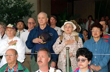 Survivors of the attack on Pearl Harbor, Mr. William R. Roberts and Mrs. Mary Roberts (to his left), at the USS Arizona Memorial Visitor Center, Pearl Harbor, HI. Mr. Roberts was aboard the USS WEST VIRGINIA during the Pearl Harbor attack