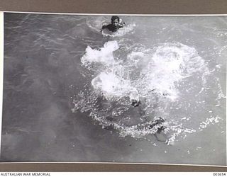 PORT MORESBY - FOUR BOYS HAVE JUST DIVED FOR COINS. RAAF SURVEY FLIGHT. (NEGATIVE BY N. TRACY)