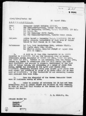 COMCORTDIV 16 - Rep of Screening Ops During Closein Bombardment of East Side of Saipan Is, Marianas, by USS CALIFORNIA, 6/21/44