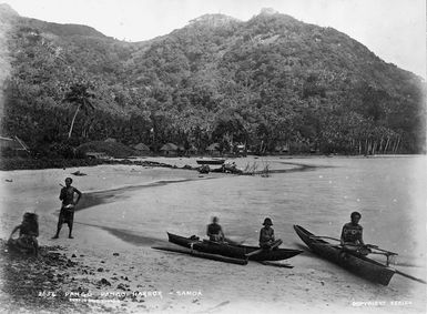 Pago Pago Harbour, with men and canoes, Tutuila, American Samoa