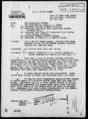 USS BILOXI - Report of Participation in the carrier Air Strikes Against Yap Island and Ulithi Atoll