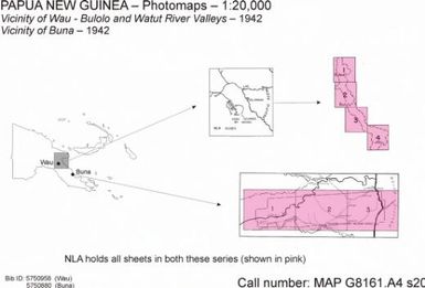 Vicinity of Wau Bulolo and Watut River valleys, New Guinea / prepared under the direction of the Chief Engineer USASOS, SWPA ; uncontrolled mosaic prepared from existing photomap and reproduced by Base Map Plant SWPA September, 1942