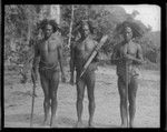 Takeika,Tekasua & Tahua, three men of Rennell, with staffs and arrows