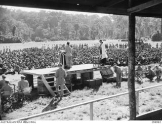 TOROKINA, BOUGAINVILLE. 1945-08-16. A VIEW FROM THE GRANDSTAND DURING THE VICTORY THANKSGIVING SERVICE HELD AT GLOUCESTER OVAL FOR TROOPS OF THE AUSTRALIAN MILITARY FORCES