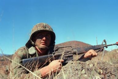 Private First Class (PFC) Tim R. Blanton of Company A, 5th Infantry, 25th Division, keeps is M16A1 rifle ready while on the lookout for opposing forces during Exercise OPPORTUNE JOURNEY 4-84