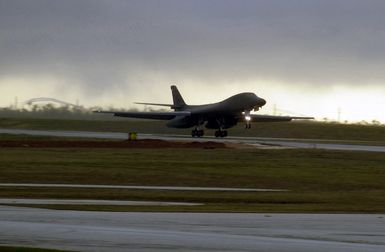 A US Air Force (USAF) B-1B Lancer Bomber, deployed from Dyess Air Force Base (AFB), Texas, lands at Andersen AFB, Guam, in support of the 7th Air Expeditionary Wing's mission