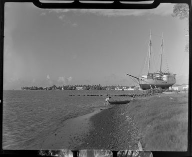 Papeete waterfront, Tahiti, showing large boat on land