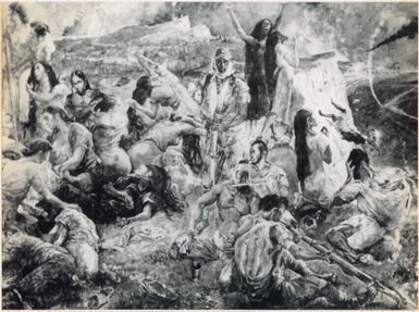 Close up of a larger painting of Japanese settlers and natives of Saipan committing suicide
