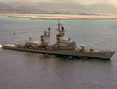 An aerial starboard beam view of the Coontz class guided missile destroyer USS PREBLE (DDG-46) underway