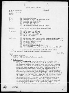 USS Hornet - Rep of Ops against the Palau & Philippine Is & in Support of Landings on Morotai, Period 9/7-24/44, including AA Act. on 9/22/44.