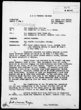 USS TWINING - Rep of AA Act off Saipan Is Marianas Night 6/30/44 - 7/1/44