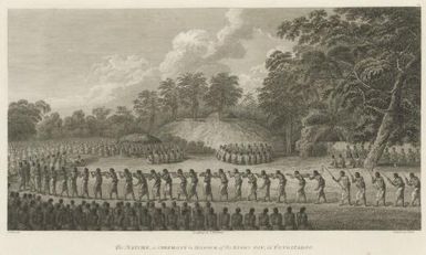 The natche, a ceremony in honour of the king's son, in Tongataboo / J. Webber del.; landscape by S. Middiman; figures by J. Hall