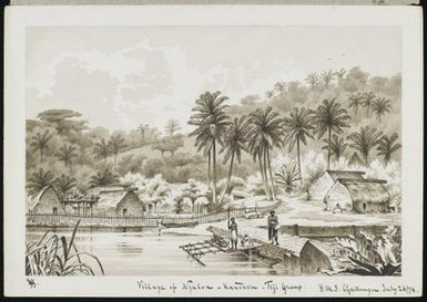 ["Village of Ngaloa- Kandaru- Fiji Group. H.M.S. Challenger, July 26/74"]