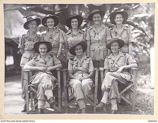 TOROKINA, BOUGAINVILLE, 1945-07-16. A GROUP OF SISTERS OF THE AUSTRALIAN ARMY NURSING SERVICE, 106 CASUALTY CLEARING STATION. IDENTIFIED PERSONNEL ARE:- SISTER G. PARKINSON (1); SISTER G. THOMAS ..