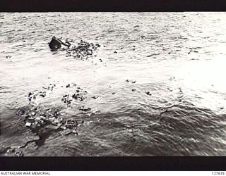 WEWAK, NEW GUINEA. 1944-03-19. DEBRIS IN THE WATER AFTER ATTACK BY BOSTON BOMBER AIRCRAFT ON JAPANESE SHIPPING OFF MUSCHU ISLAND