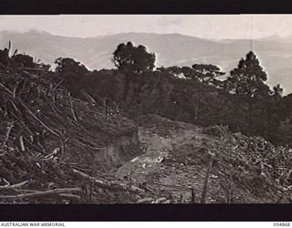 BULLDOG-WAU ROAD, NEW GUINEA, 1943-07-20. VIEW OF ROAD IN THE COURSE OF BEING CONSTRUCTED BY TROOPS OF HEADQUARTERS, ROYAL AUSTRALIAN ENGINEERS, 11TH AUSTRALIAN DIVISION, AT JOHNSON'S GAP