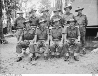 Group portrait of Officers of 2/2 Infantry Battalion at Cape Puss, New Guinea
Front Row (Left to Right)
NX122380 (N33443) Lieutenant (Lt) Stanley Arthur Hood-Stevens, (of Bathurst, NSW); NX84273 Lt ..