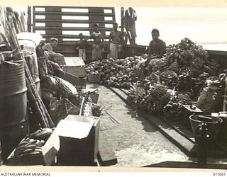 UKILIM, NEW GUINEA. 1944-05-12. A BARGE LOADED WITH PRODUCE FROM NATIVE GARDENS. THE BARGE, CHARTERED FROM LAE BY THE AUSTRALIAN ARMY SERVICE CORPS, TRANSPORTS FRUIT AND VEGETABLES WEEKLY TO THE ..