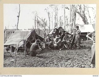 WEWAK AREA, NEW GUINEA. 1945-06-27. MEMBERS OF B COMPANY, 2/8 INFANTRY BATTALION, OUTSIDE THEIR TENT AT 770 FOOT FEATURE. IDENTIFIED PERSONNEL ARE:- PRIVATE G.C. DAWSON (1); PRIVATE A. WILSON (2); ..