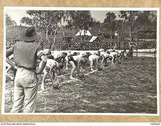 NEW GUINEA. 1943-11-20. START OF THE TUNNEL BALL CONTEST AT THE CHAMPIONSHIPS SPORTS MEETING ORGANISED BY THE 18TH AUSTRALIAN INFANTRY BRIGADE TO CELEBRATE THE FOURTH ANNIVERSARY OF THE FORMATION ..