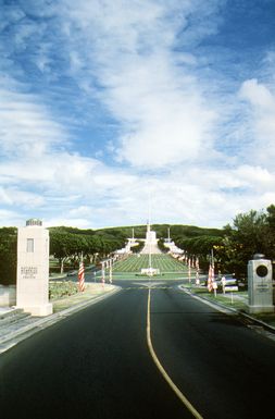 A view of entrance to the National Memorial Cemetery of the Pacific in the "Punch Bowl", Honolulu, Hawaii. Exact Date Shot Unknown