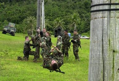 US Army (USA) Cadet Chris Eby, University of Alaska (AK), pulls himself across the rope bridge during an Reserve Officers Training Corps (ROTC) Challenge at Andersen Air Force Base (AFB), Guam