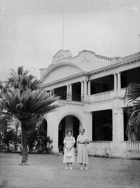 [Portrait of two women in front of Grand Pacific Hotel, Suva, Fiji]