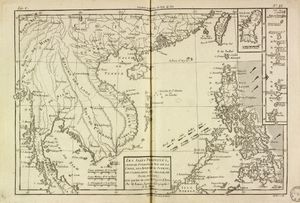 ["Les isles Philippines, chelle de Formose, de sud de la Chine, les royaumes de Tunkin, de Cochinchine, de Camboge, de Siam, des Laos; avec partie de ceux de Peguet d'Ava. Par M. Bonne, inge'nieur hydrogr.phe de la Marine", "Les isles Philippines, chelle de Formose, de sud de la Chine, les royaumes de Tunkin, de Cochinchine, de Camboge, de Siam, des Laos; avec partie de ceux de Peguet d'Ava. Par M. Bonne, inge'nieur hydrogr.phe de la Marine"]