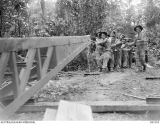 BOUGAINVILLE. 1945-04-18. 15 FIELD COMPANY ROYAL AUSTRALIAN ENGINEERS SAPPERS STRAINING ON BLOCK AND TACKLE ATTACHED TO BOX GIRDER AS BULLDOZER PULLS GIRDER INTO POSITION OVER DAWE CREEK. ..