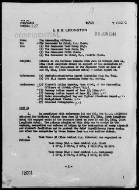 USS LEXINGTON - Act Rep of Attacks on the Marianas, 6/11-19/44, In Support of the Occupation of Saipan & The Engagement With Jap Fleet on 6/19 & 20/44