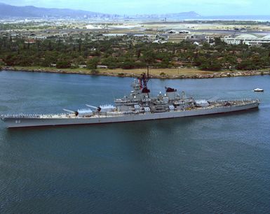 An elevated port view of the battleship USS NEW JERSEY (BB 62)