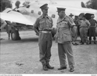 TOROKINA, BOUGAINVILLE. 1945-06-08. GENERAL SIR THOMAS A. BLAMEY, COMMANDER-IN-CHIEF, ALLIED LAND FORCES, SOUTH WEST PACIFIC AREA (1), TALKING WITH BRIGADIER S.F. LEGGE, DEPUTY ASSISTANT ..