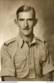 Studio portrait of VX40323 Sergeant (Sgt) Robert Loftus Hastings Moran, 2/22 Battalion, of Melbourne, Victoria. Sgt Moran enlisted on 1 July 1940 and served in New Britain. Following the Japanese ..