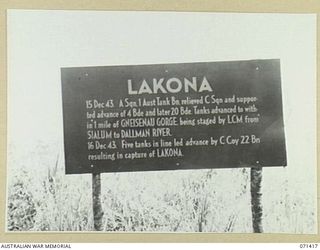 LAKONA, FINSCHHAFEN AREA, NEW GUINEA. 1944-03-21. THE BATTLE SIGN MARKING THE ADVANCE OF THE 4TH AND 5TH INFANTRY BRIGADES, SUPPORTED BY TANKS OF THE 1ST TANK BATTALION WHICH ADVANCED TO WITHIN ONE ..