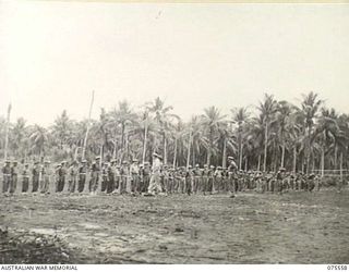 ALEXISHAFEN NORTH, NEW GUINEA. 1944-08-29. NX110380 BRIGADIER C.E. CAMERON, MC, ED, WHO IS RELINQUISHING HIS COMMAND OF HEADQUARTERS, 8TH INFANTRY BRIGADE, INTRODUCING HIS SUCCESSOR, VX23 BRIGADIER ..