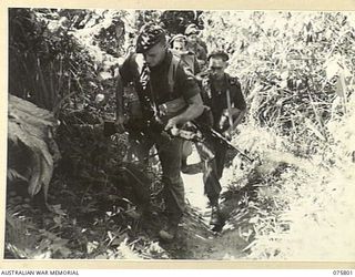 SIAR-NAGADA, NEW GUINEA. 1944. MEMBERS OF A PATROL FROM A COMPANY 61ST INFANTRY BATTALION "THE QUEENSLAND CAMERON HIGHLANDERS", LEAVE THEIR CAMP AT NOBINOB AS THEY COMMENCE A 9 DAY JUNGLE PATROL. ..