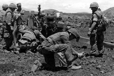 Marines from Battery, B, 1ST Battalion, 12th Marine Regiment, 1ST Marine Brigade, set up a M101 105 mm howitzer during Operation ZULU WARRIOR, taking place at the Pakalula Training Area