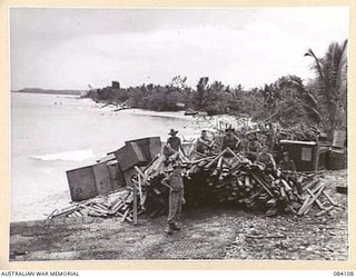 SWAN BEACH, JACQUINOT BAY. NEW BRITAIN. 1944-12-10. 13 INFANTRY BRIGADE, 5 DIVISION TROOPS IN THEIR CAMP AREA NEAR THE WUNUNG RIVER AT SWAN BEACH. AS THE BRIGADE IS A WESTERN AUSTRALIAN UNIT, ..