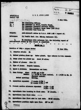 JOHN LAND - AA Act Rep, 6/15/44 Saipan Harbor, Saipan Is, Marianas